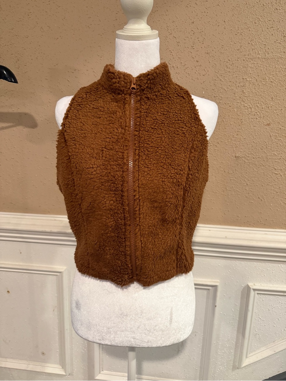SHEIN Brown Teddy Fleece Zip-Up Vest